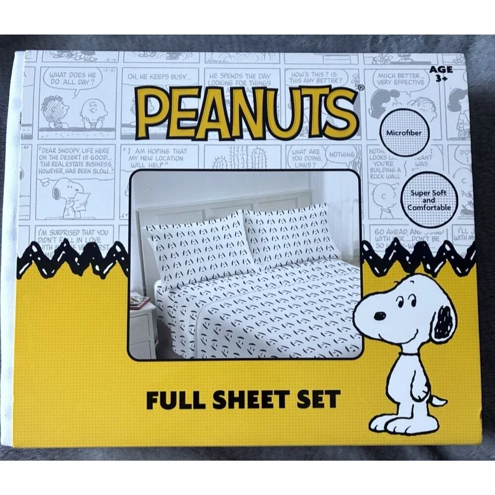 Peanuts Full Sheet Set Snoopy White Black Microfiber Bedding 4 Piece New